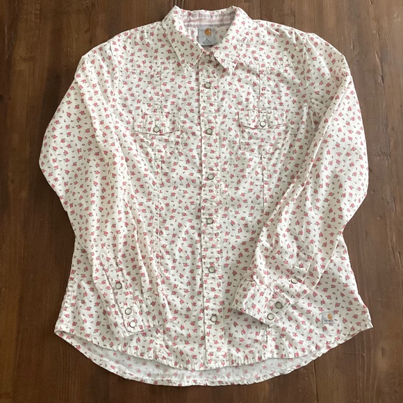 Carhartt Women’s Floral Snap Button Western Shirt Ivory Pink XL - Picture 1 of 10